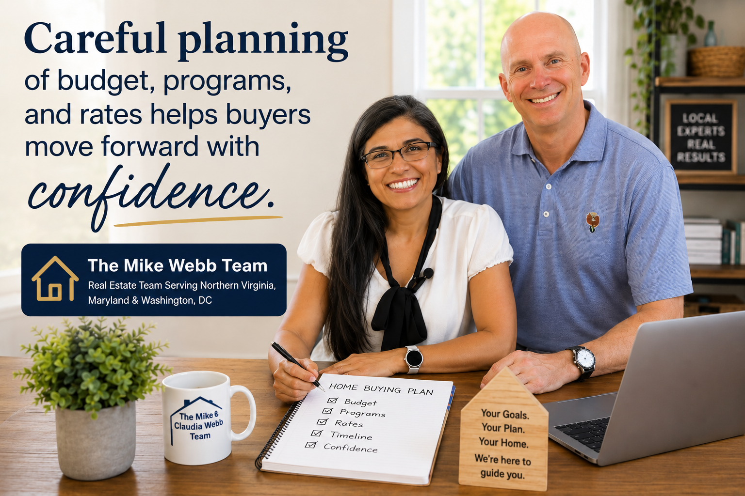 Photorealistic scene of homebuyers in Manassas Park VA reviewing mortgage options with an agent