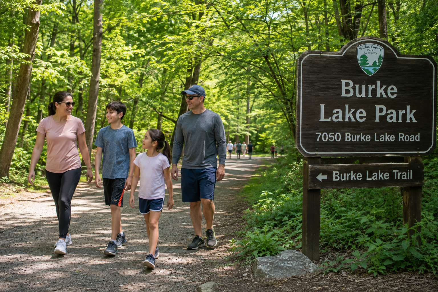 A bright, inviting photo of smiling families and children playing in a large, scenic park in Burke or Fairfax, Virginia, with clear blue skies, green grass, playgrounds, and a sense of community and togetherness.