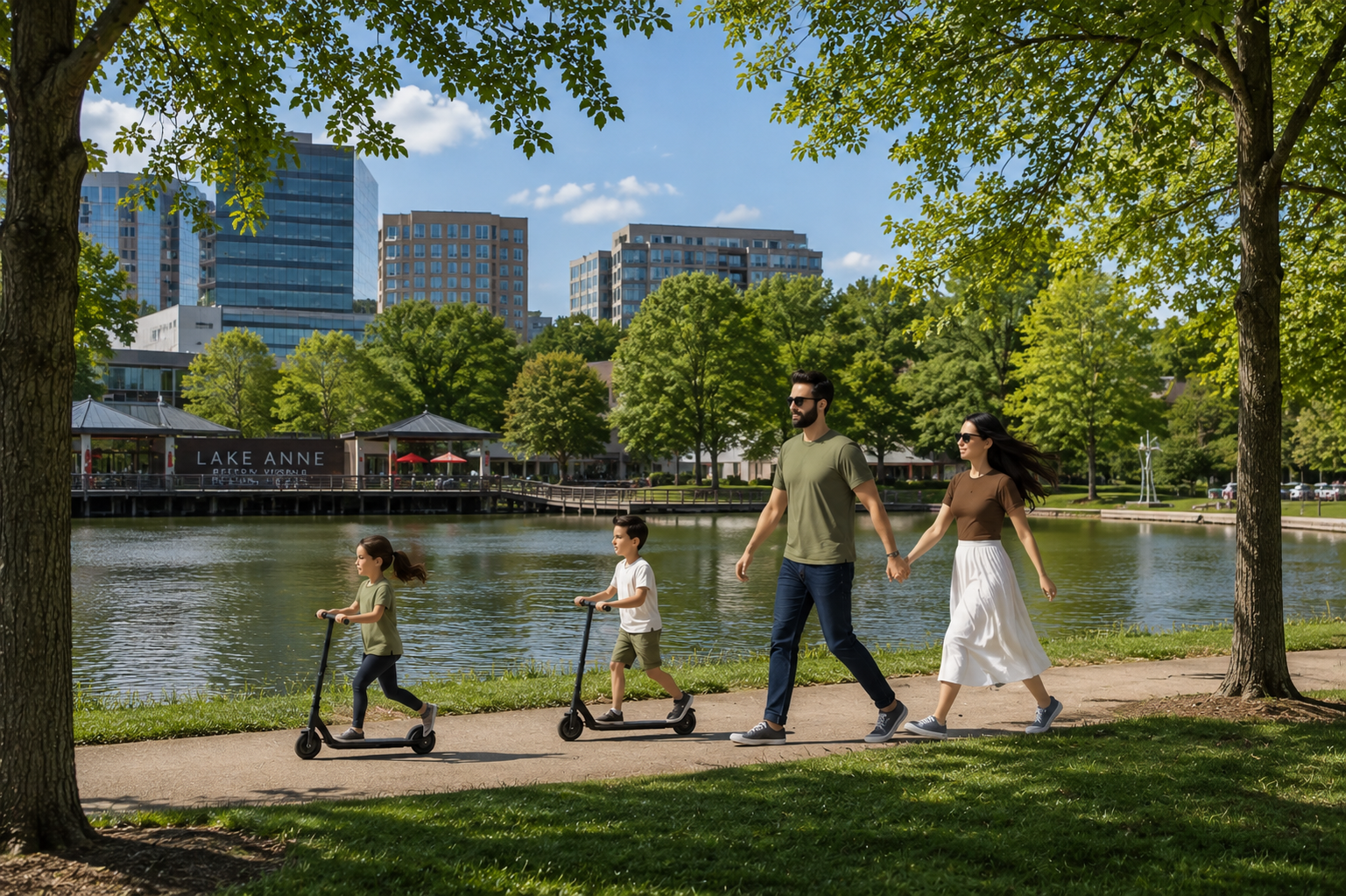 A real, candid photo of a family walking along a well-known lakeside trail in Reston, Virginia, with authentic Reston homes and natural scenery visible. The image must be taken in Reston and feature recognizable locations such as the trails near Lake Thoreau, Lake Audubon, or Lake Anne.