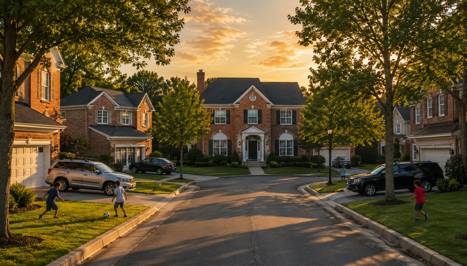 Family-friendly Northern Virginia cul-de-sac with large homes and kids playing outside