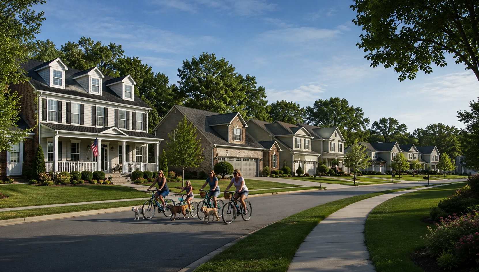 A genuine, candid photograph of a cul-de-sac in a residential neighborhood in Centreville, VA, with families and children visible outdoors, capturing the true character and people of the local area. The image must be authentically taken within Centreville, VA.
