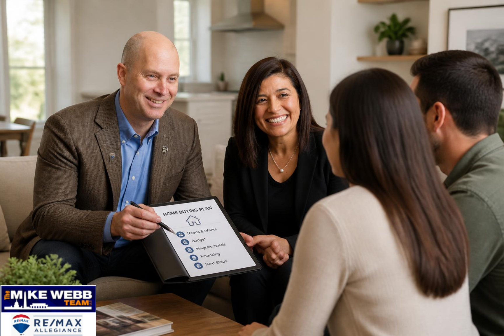 Real estate agent discussing options with homeowners in a staged living room