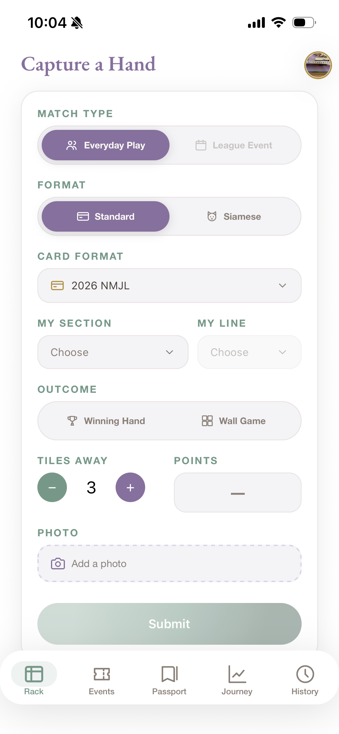 MahjPassport screen showing the profile icon in the upper-right corner