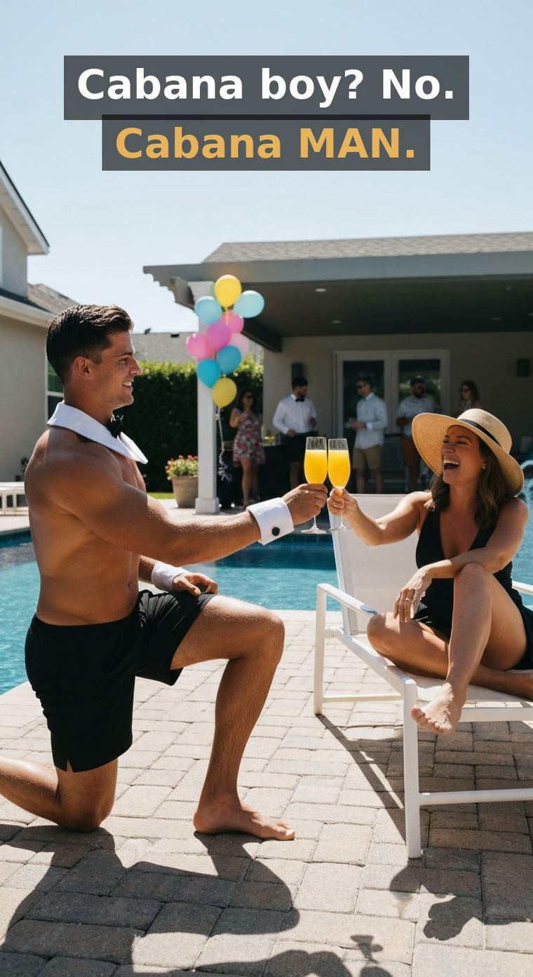 A cabana boy toasting mimosas with a guest by the pool