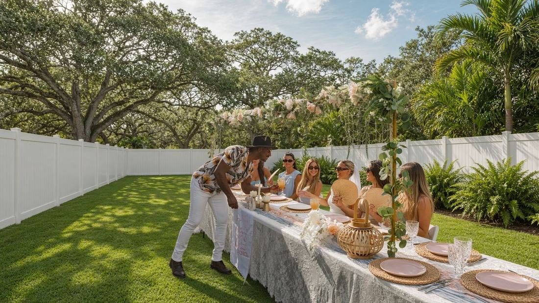 A long Friendsgiving-style dinner table set for a group of friends