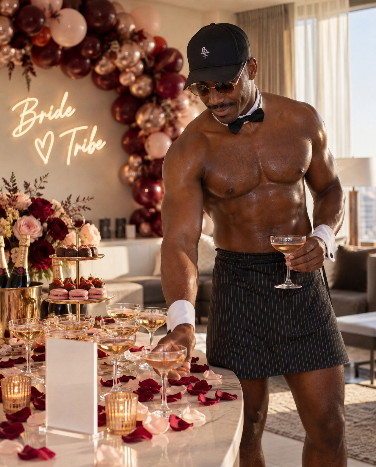 A Cheeky Butler serving pink champagne at a girls’ party