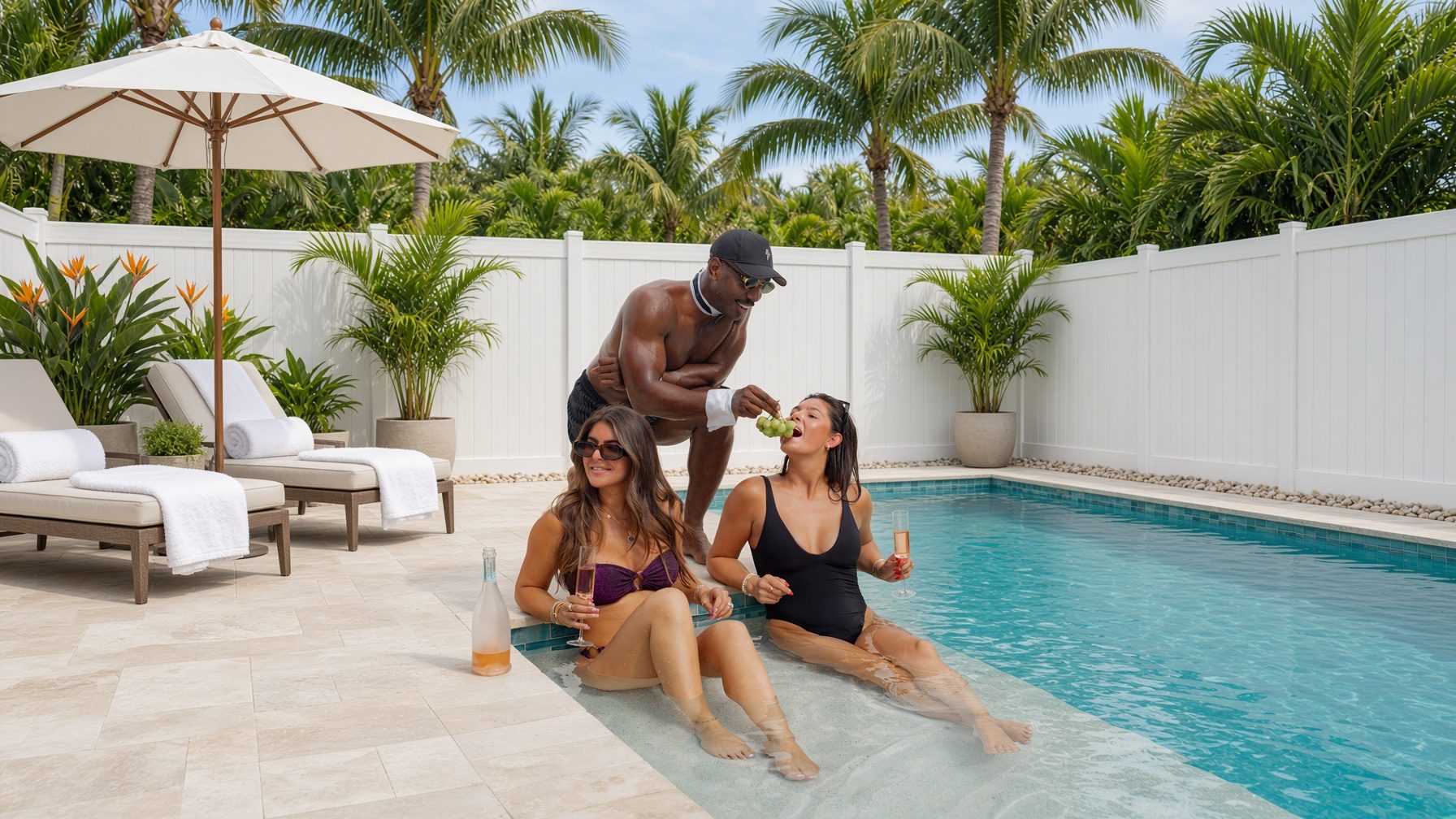 A Cheeky Butler serving two guests by the pool