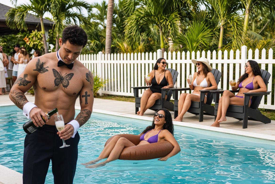 A Cheeky Butler pouring champagne at a pool party