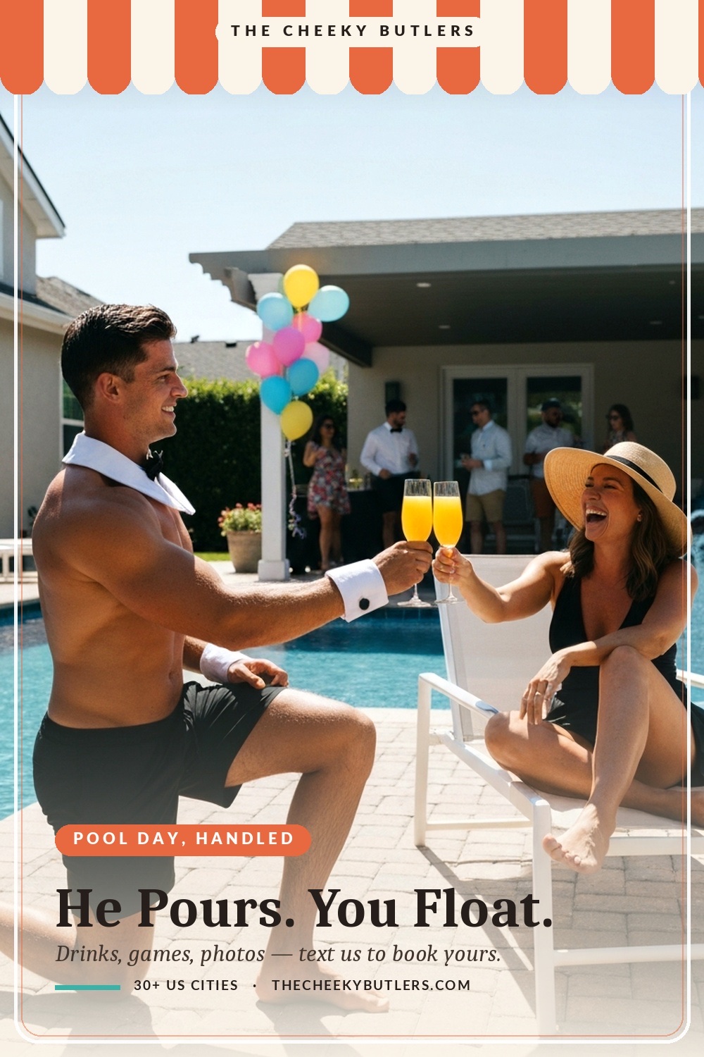 Cabana boy pouring mimosas poolside — what a cabana boy does at a pool party Cabana boy pouring mimosas poolside — what a cabana boy does at a pool party