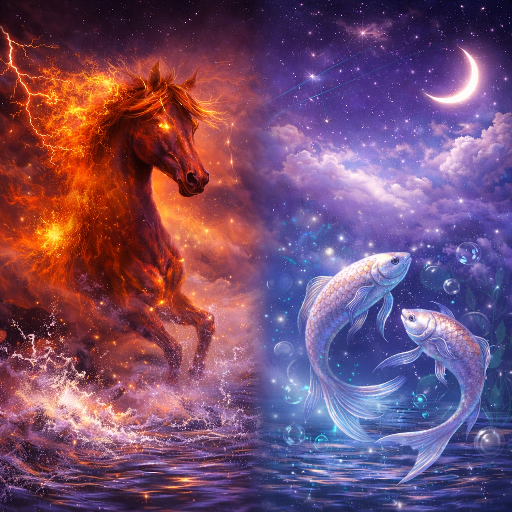 Illustration representing Mercury retrograde energy showing fiery Fire Horse chaos contrasted with calm Pisces water and two glowing fish under a starry sky.