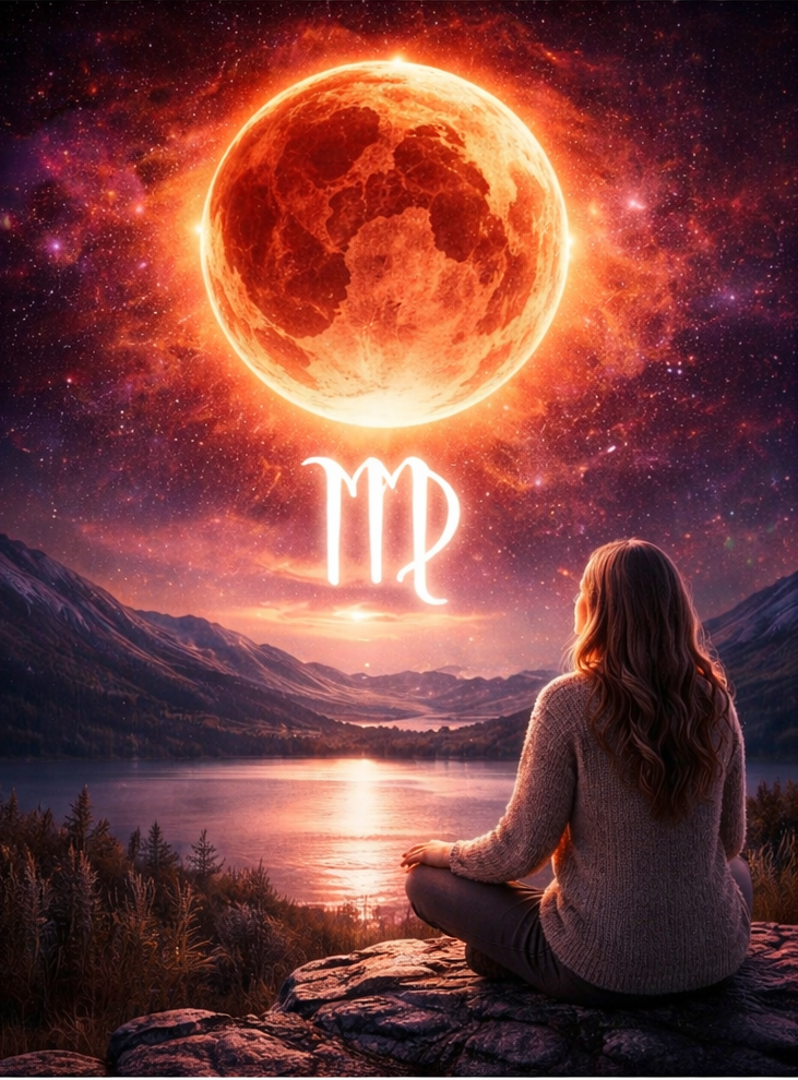 Digital illustration of the March 2026 Blood Moon in Virgo glowing red over a calm landscape with the Virgo symbol illuminated in the night sky during a total lunar eclipse.
