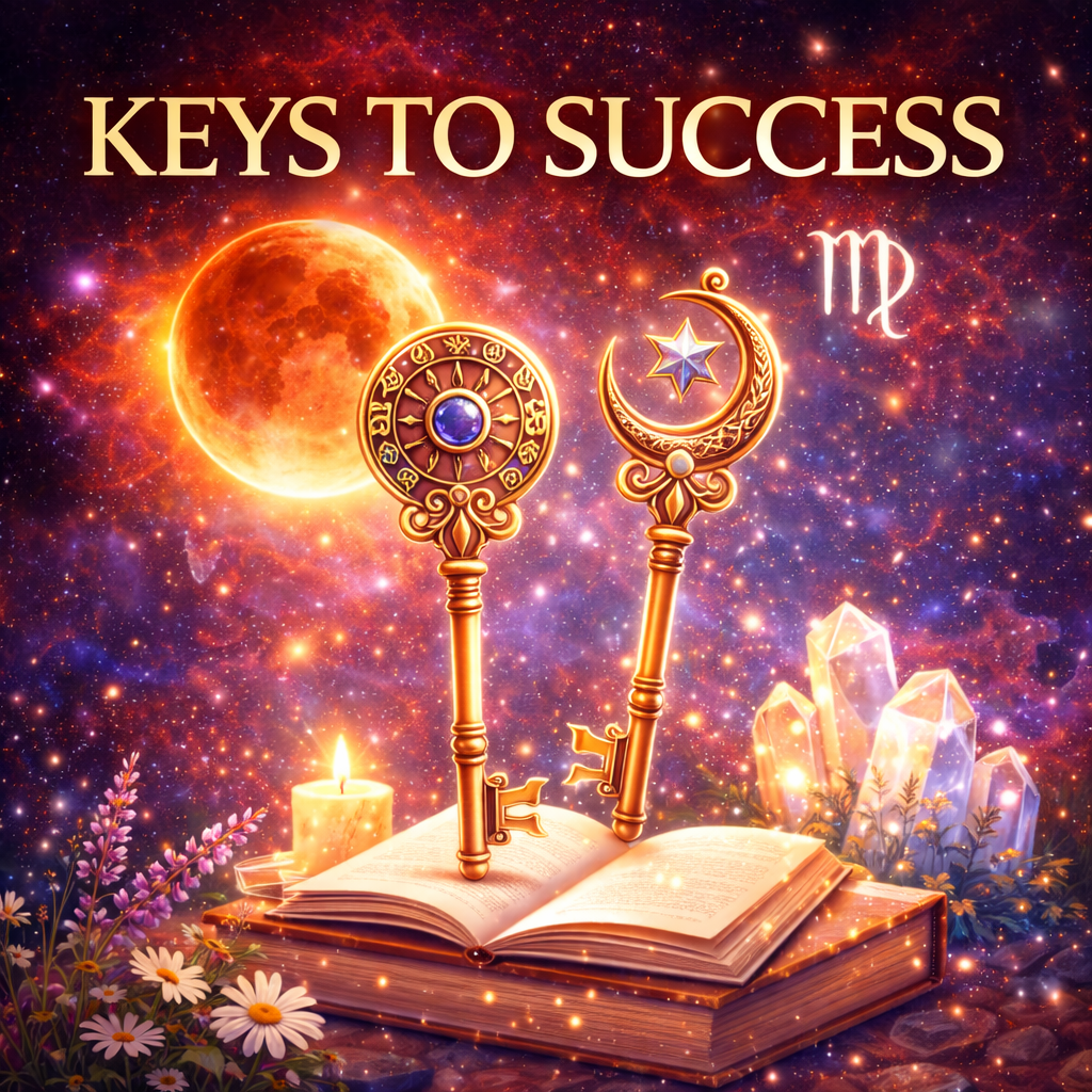 Square celestial artwork featuring two ornate golden keys on an open book with a glowing red Moon and Virgo symbol in the background, symbolising focused action and the keys to success during eclipse season.