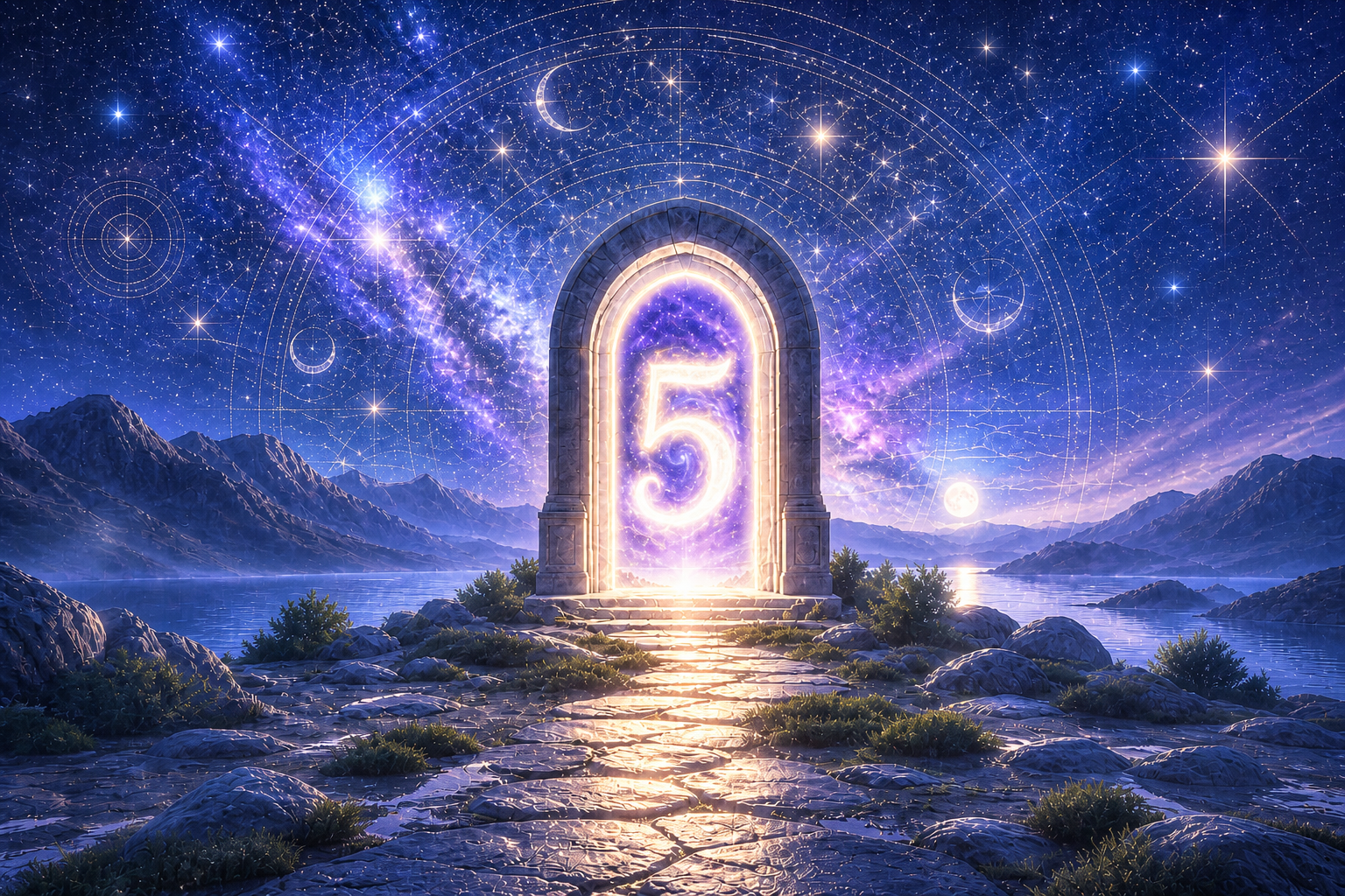 An ethereal stone archway on a mountain path under a starry sky, representing the 5/5 portal and the bridge between the physical world and the spirit world.