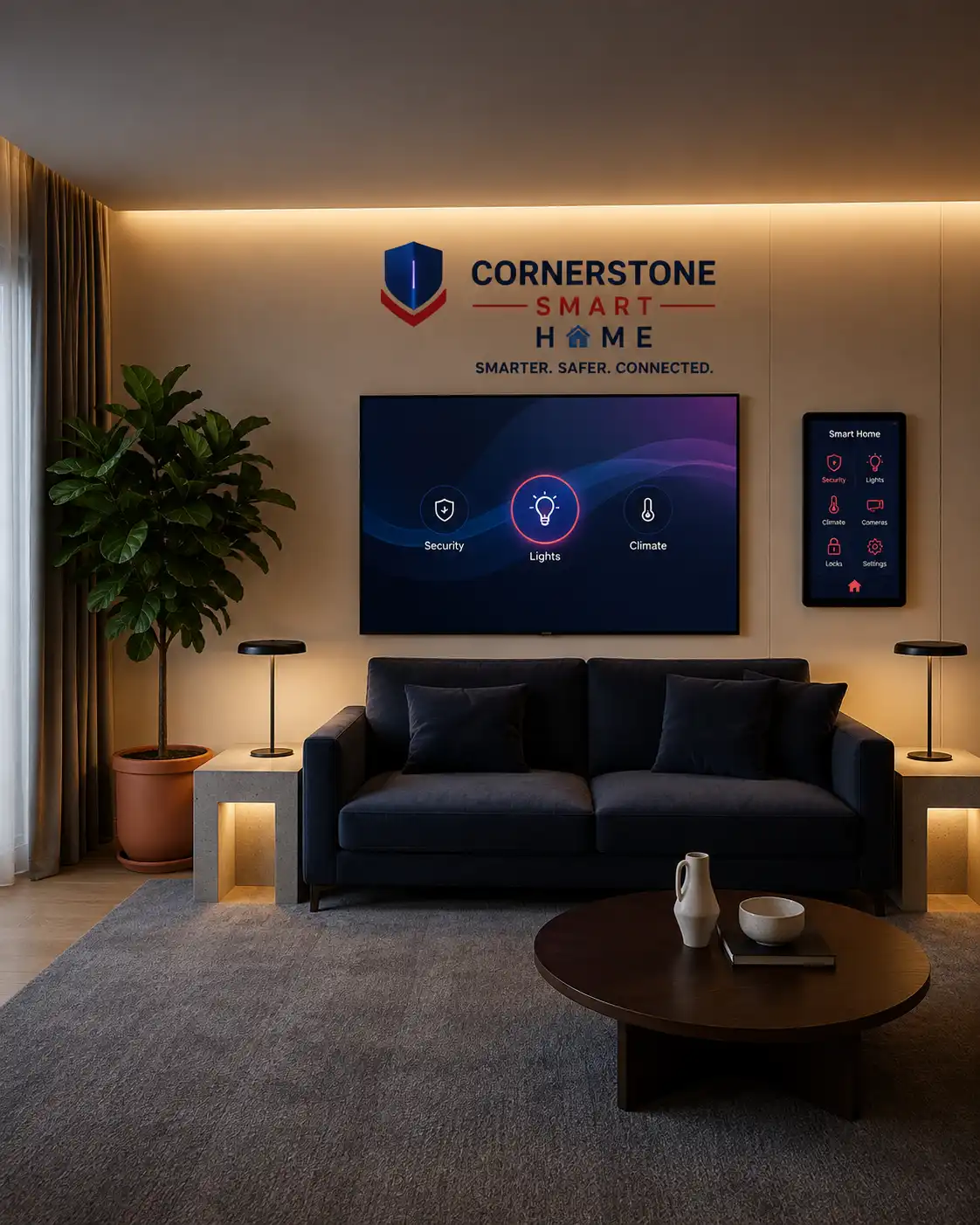 Premium smart home lifestyle interior showcasing connected devices