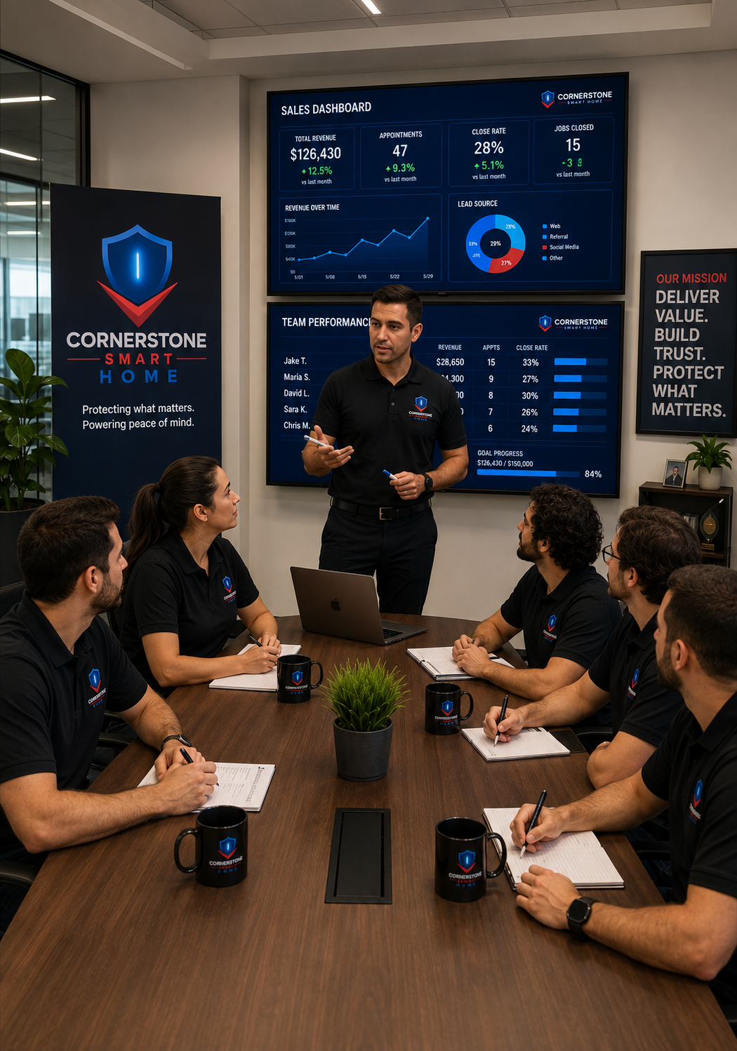 Boardroom leadership meeting with Cornerstone branding