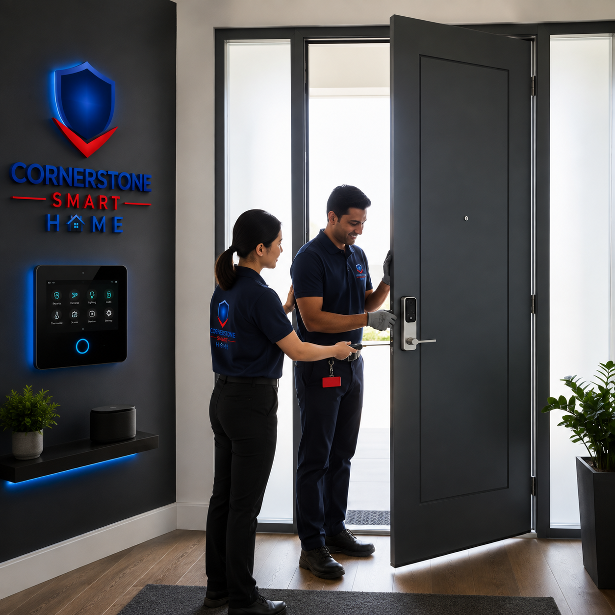 Professional local team installing a sleek smart home device