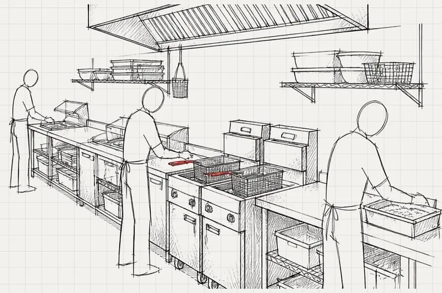 Boceto de una cocina de pollo con tres personas trabajando en puestos seguidos: mesa, freidoras y mesa de empaque