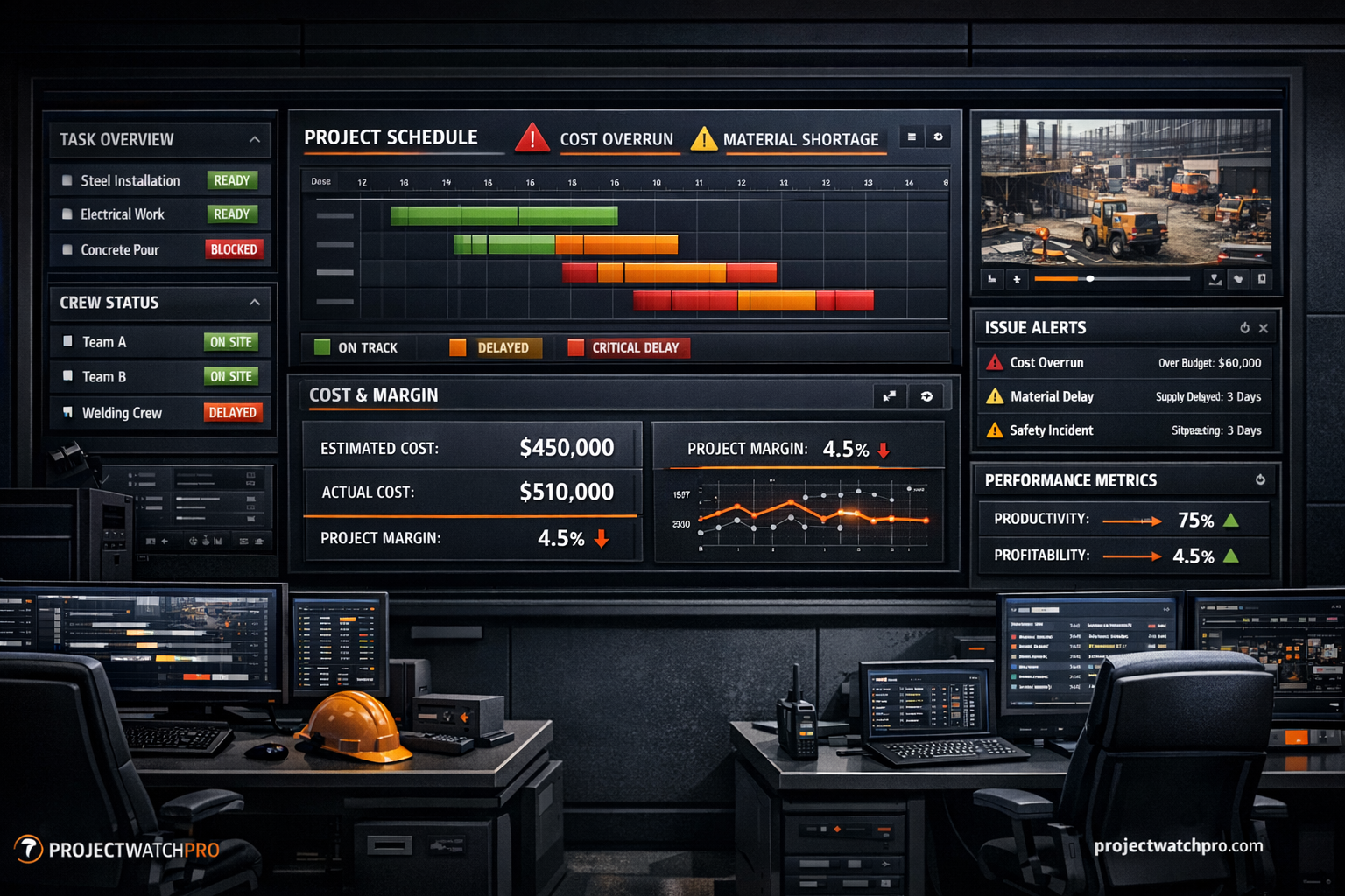 Dashboard-style visual showing task readiness, crew scheduling, and real-time cost visibility. Dashboard-style visual showing task readiness, crew scheduling, and real-time cost visibility.