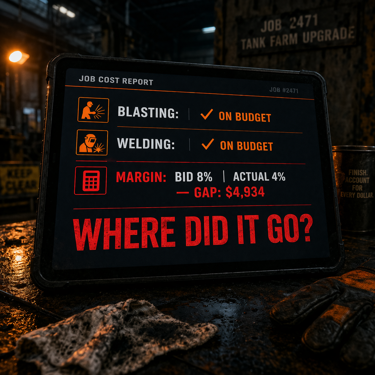 Contractor job close-out report showing clean labor and overhead but 4% margin gap — consumable costs not tracked to the correct task Contractor job close-out report showing clean labor and overhead but 4% margin gap — consumable costs not tracked to the correct task