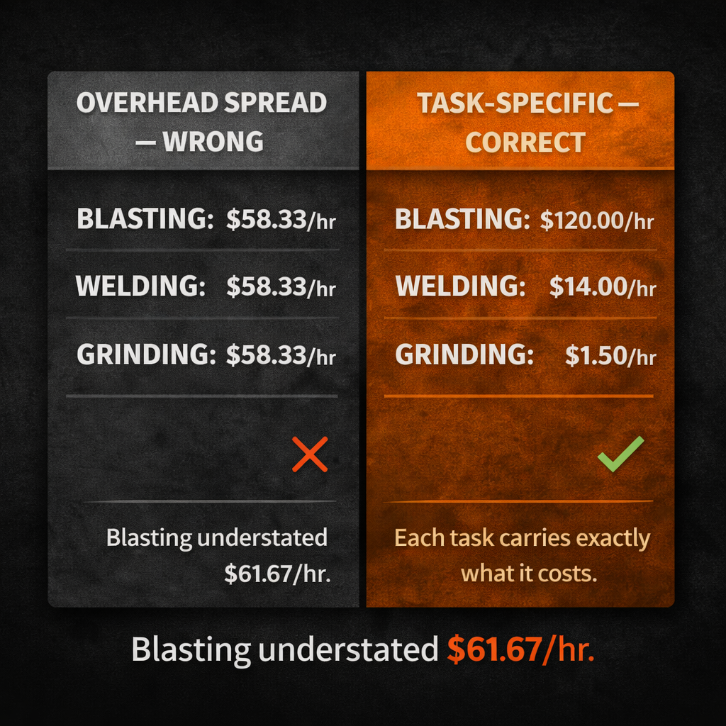 Comparison card showing overhead-spread consumable rate of $58.33/hr vs correct task-specific rates of $120/hr blasting, $14/hr welding, $1.50/hr grinding Comparison card showing overhead-spread consumable rate of $58.33/hr vs correct task-specific rates of $120/hr blasting, $14/hr welding, $1.50/hr grinding