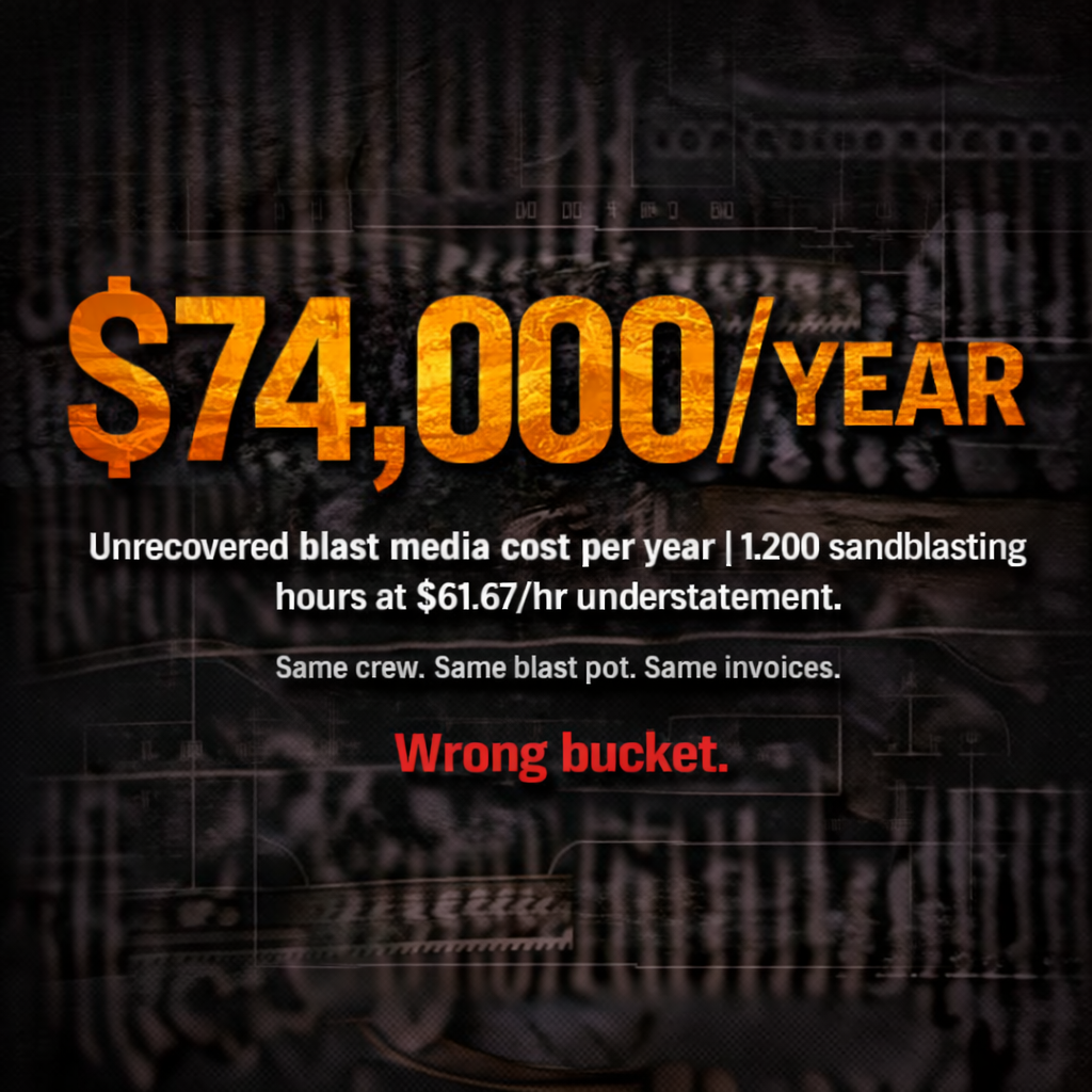 Data infographic showing $74,000 per year in unrecovered blast media costs from consumable misallocation on 1,200 annual sandblasting hours Data infographic showing $74,000 per year in unrecovered blast media costs from consumable misallocation on 1,200 annual sandblasting hours