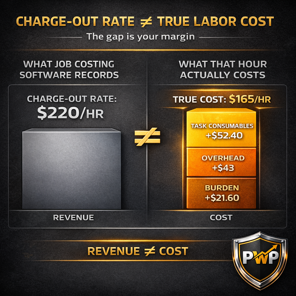 Comparison diagram showing construction job costing software recording charge-out rate of $220/hr versus true labor cost breakdown of $165/hr across 4 layers — base wage, burden, overhead, task consumables
