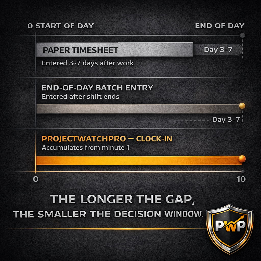 Timeline comparison showing paper timesheet labor entry 3-7 days late, end-of-day batch entry same evening, versus ProjectWatchPRO real-time accumulation from clock-in — construction job costing timing gap