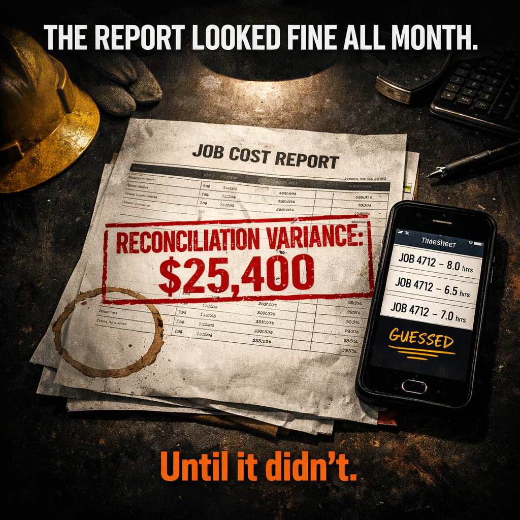 Construction job cost report with $25,400 reconciliation variance stamped in red beside a timesheet showing incorrectly allocated hours — the result of inaccurate time tracking