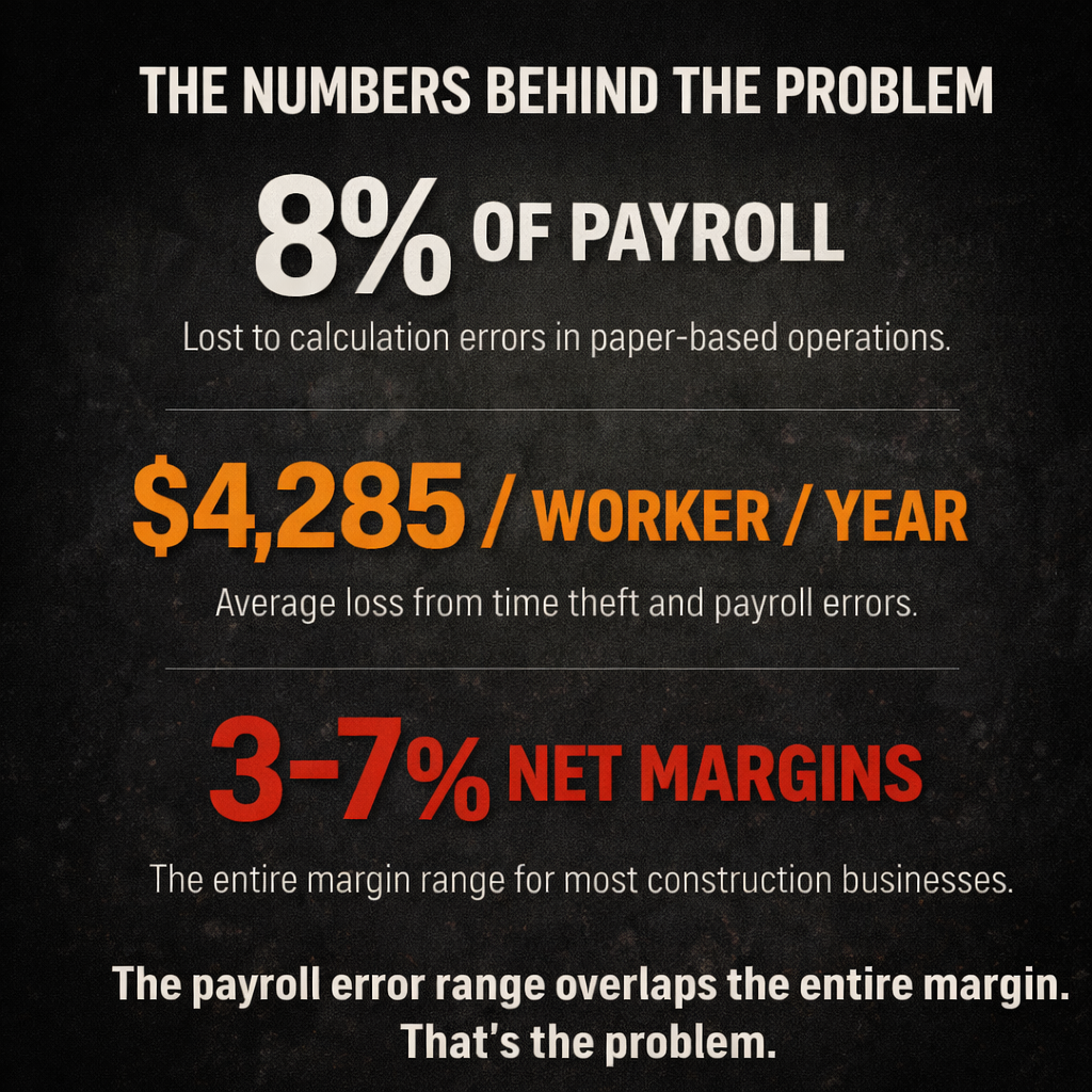 Data infographic showing 8% payroll loss from paper timesheet errors, $4,285 per worker annual loss from time theft, against construction net margins of 3-7% — the cost of inaccurate time tracking