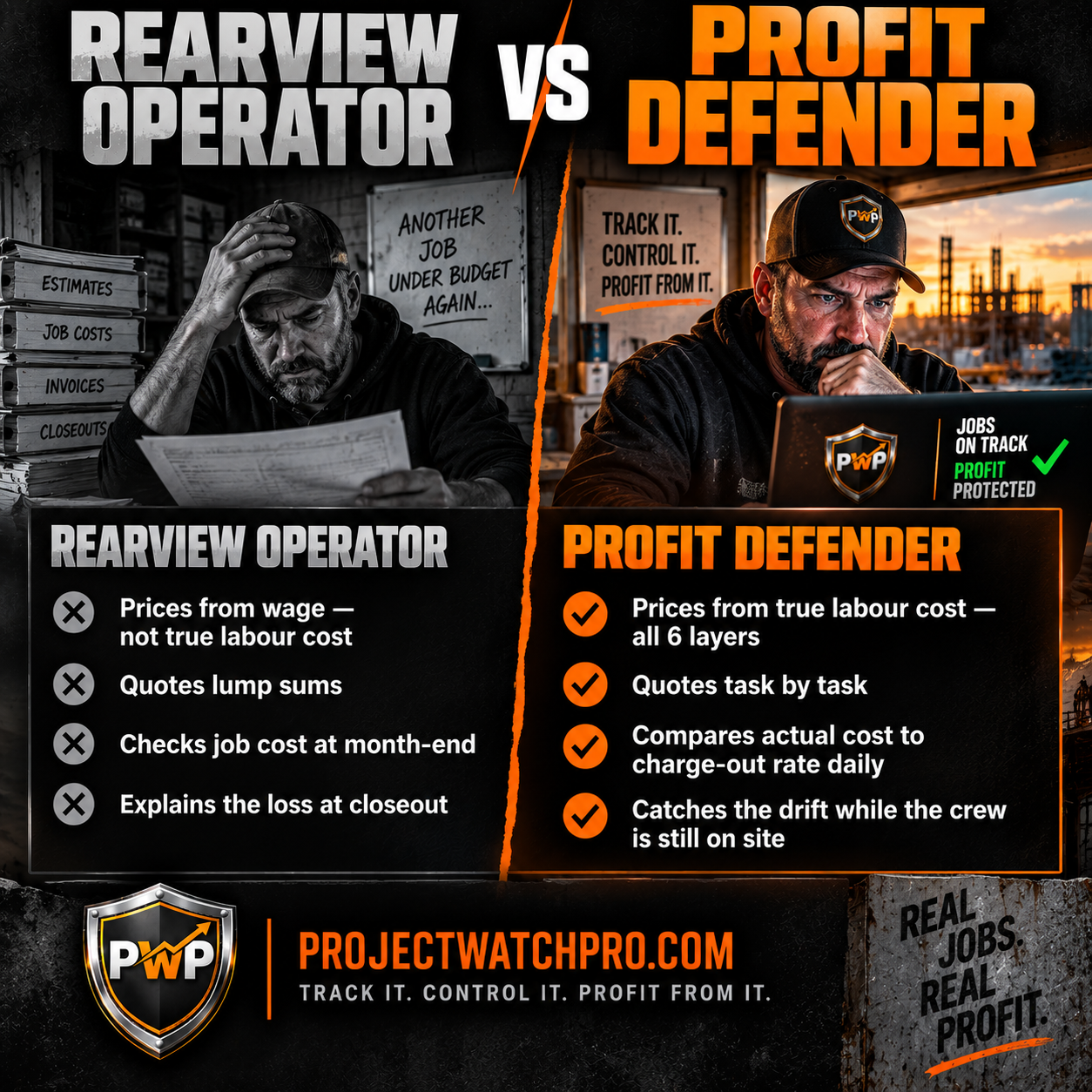 Rearview Operator vs Profit Defender comparison — lump-sum wage quoting vs task-level true cost quoting with live tracking Rearview Operator vs Profit Defender comparison — lump-sum wage quoting vs task-level true cost quoting with live tracking