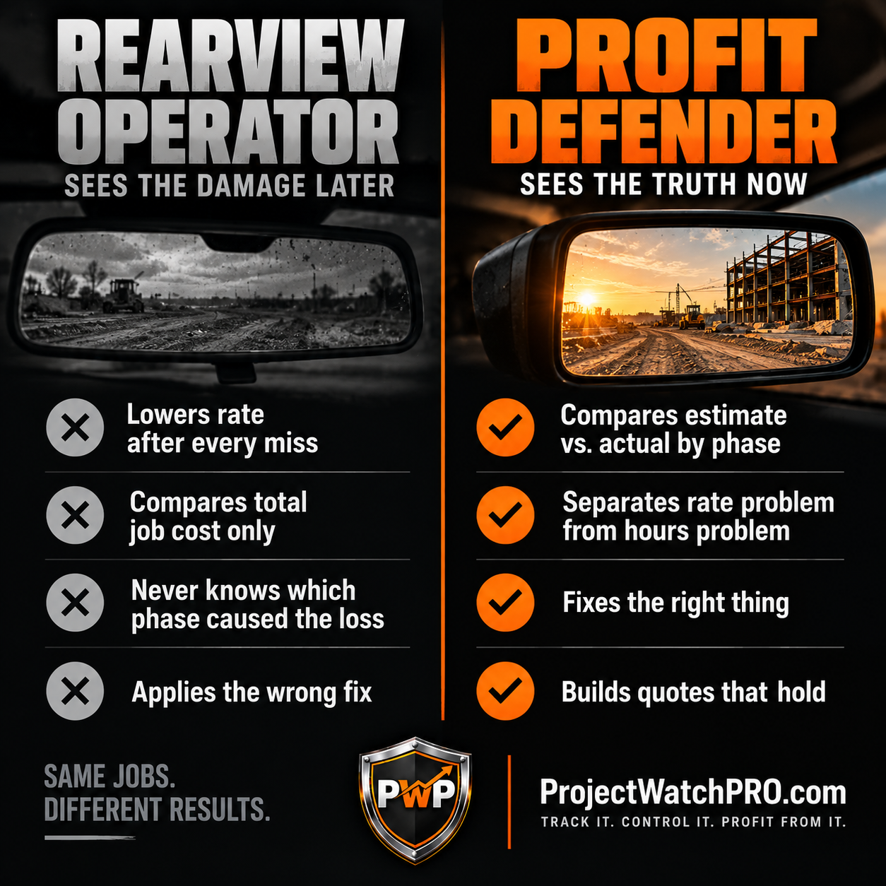 Rearview Operator vs Profit Defender — construction estimate vs execution problem comparison Rearview Operator vs Profit Defender — construction estimate vs execution problem comparison