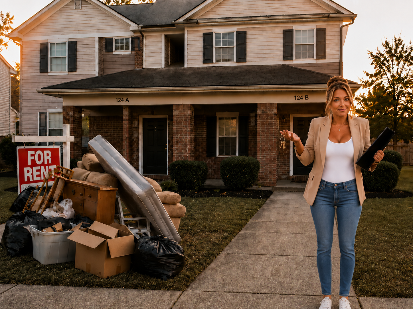 Ashley from Vice Capital holding keys and a property folder outside a South Carolina duplex