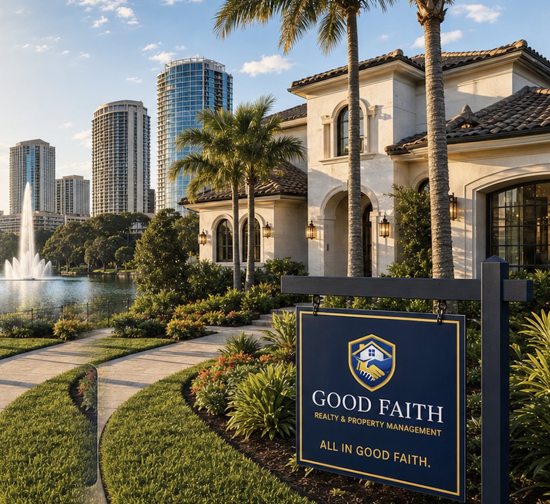 An Orlando skyline and a Good Faith Realty listing in Central Florida