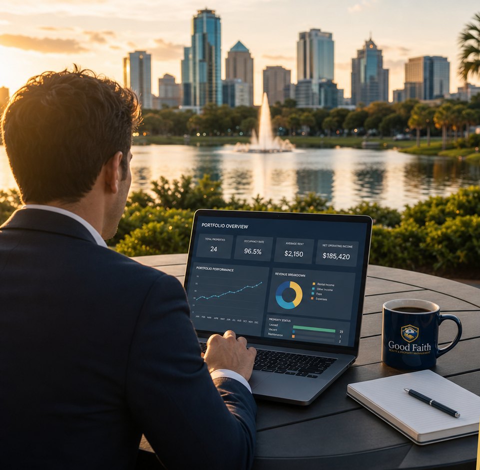 Reviewing an Orlando rental portfolio at golden hour