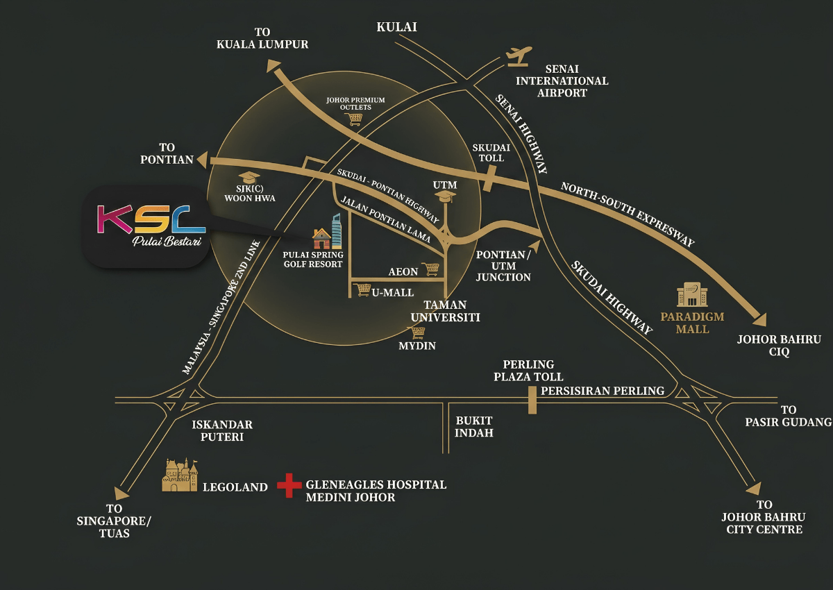 Taman Pulai Bestari Skudai location map showing nearby amenities and connectivity
