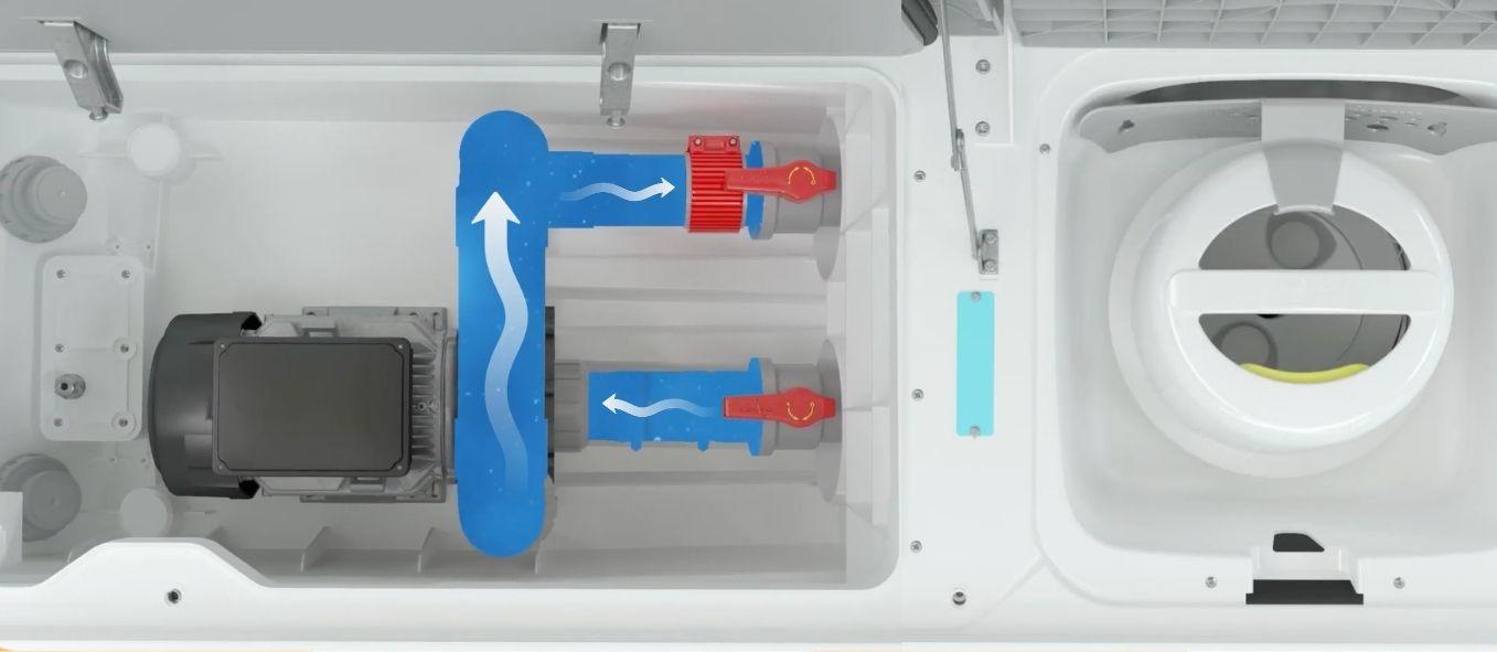 Inside view of the pipeless Desjoyaux filtration system