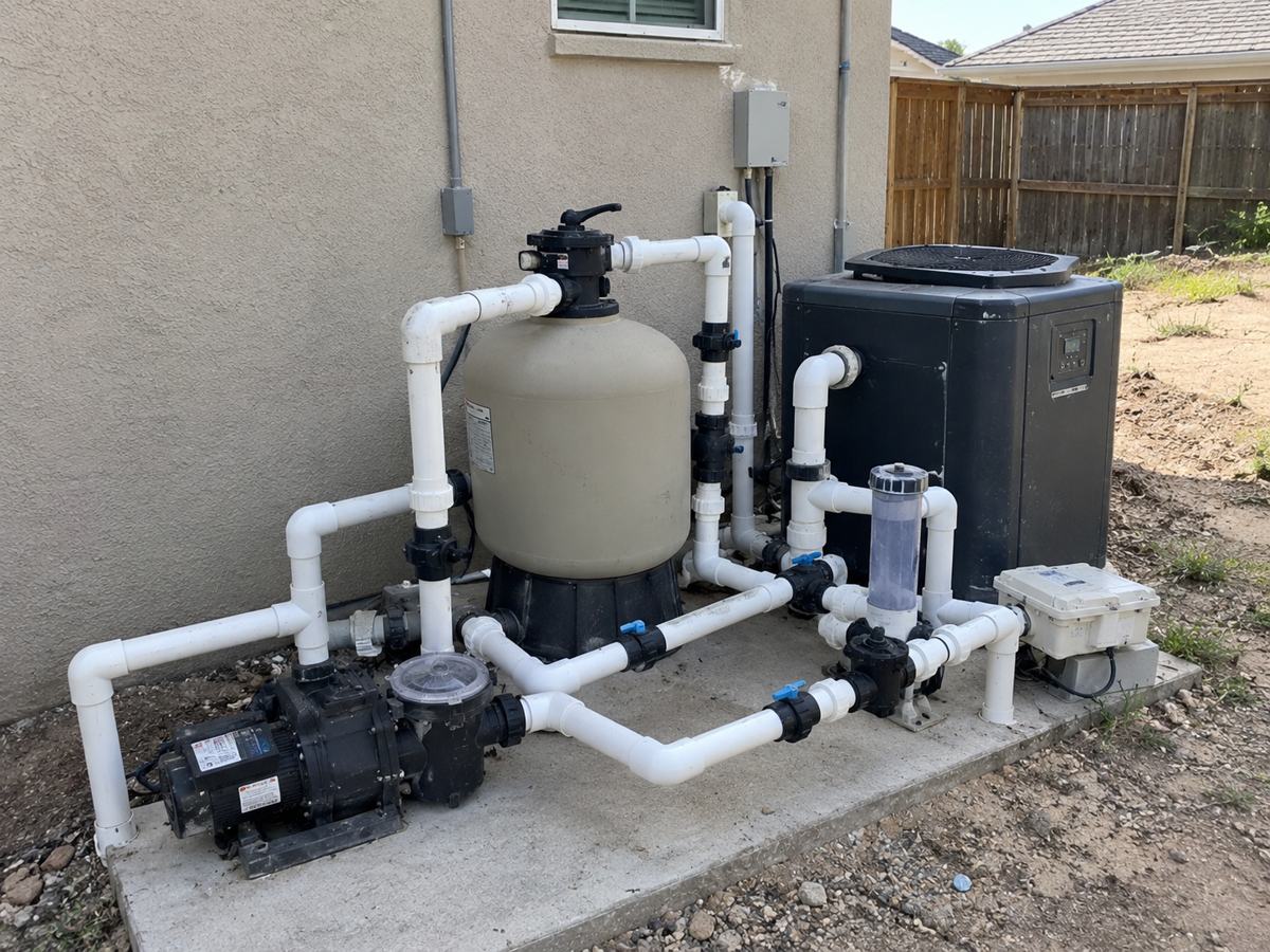 Traditional pool equipment pad with pumps and pipes