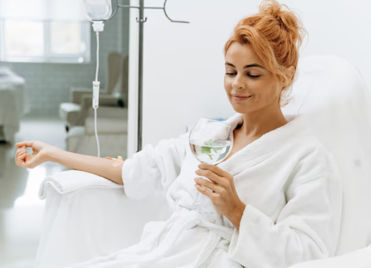 woman with IV drip in a spa clinic