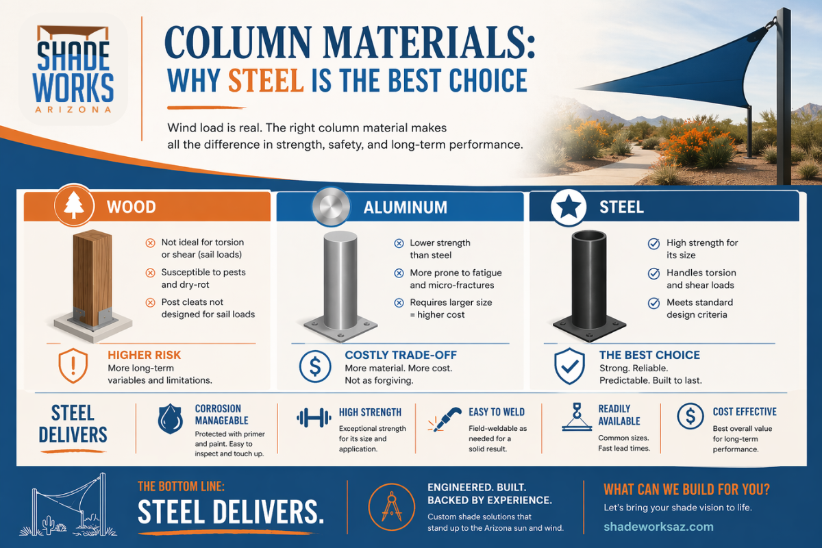 Shade sail column materials comparison in Phoenix Arizona showing steel vs wood vs aluminum and why steel posts are best for high wind and long-term durability Shade sail column materials comparison in Phoenix Arizona showing steel vs wood vs aluminum and why steel posts are best for high wind and long-term durability