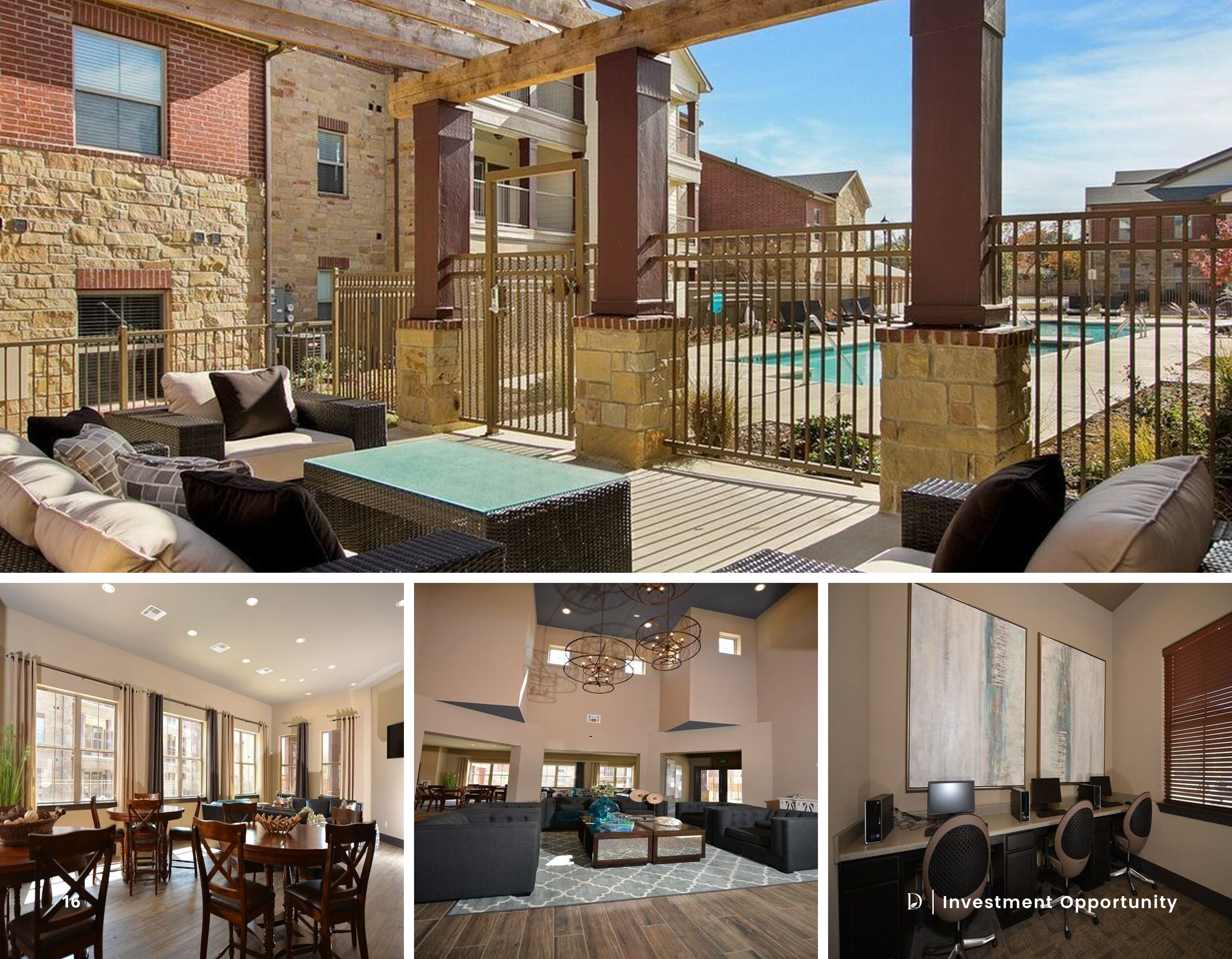 Community amenities: covered patio lounge, dining area, resident lounge, and business center