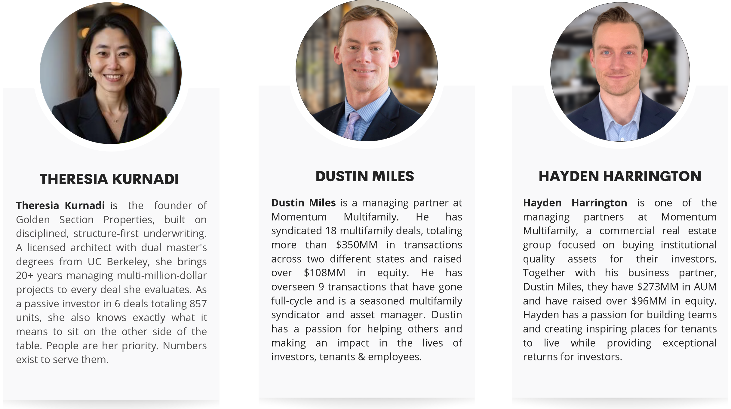Partners and team: Theresia Kurnadi, Dustin Miles, and Hayden Harrington