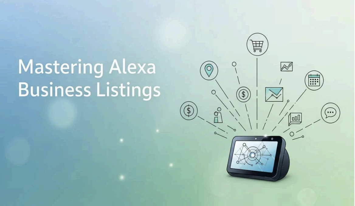 Mastering Alexa business listings illustration showing smart speaker with connected business icons, representing Alexa voice search listing optimization and how to get listed on Alexa business directory for improved voice search SEO.