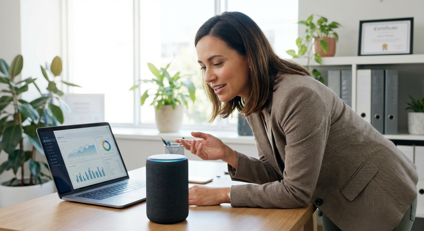 Small business owner using an Amazon Alexa smart speaker to search for their business listing in voice search results, illustrating AI-powered local SEO and voice search optimization