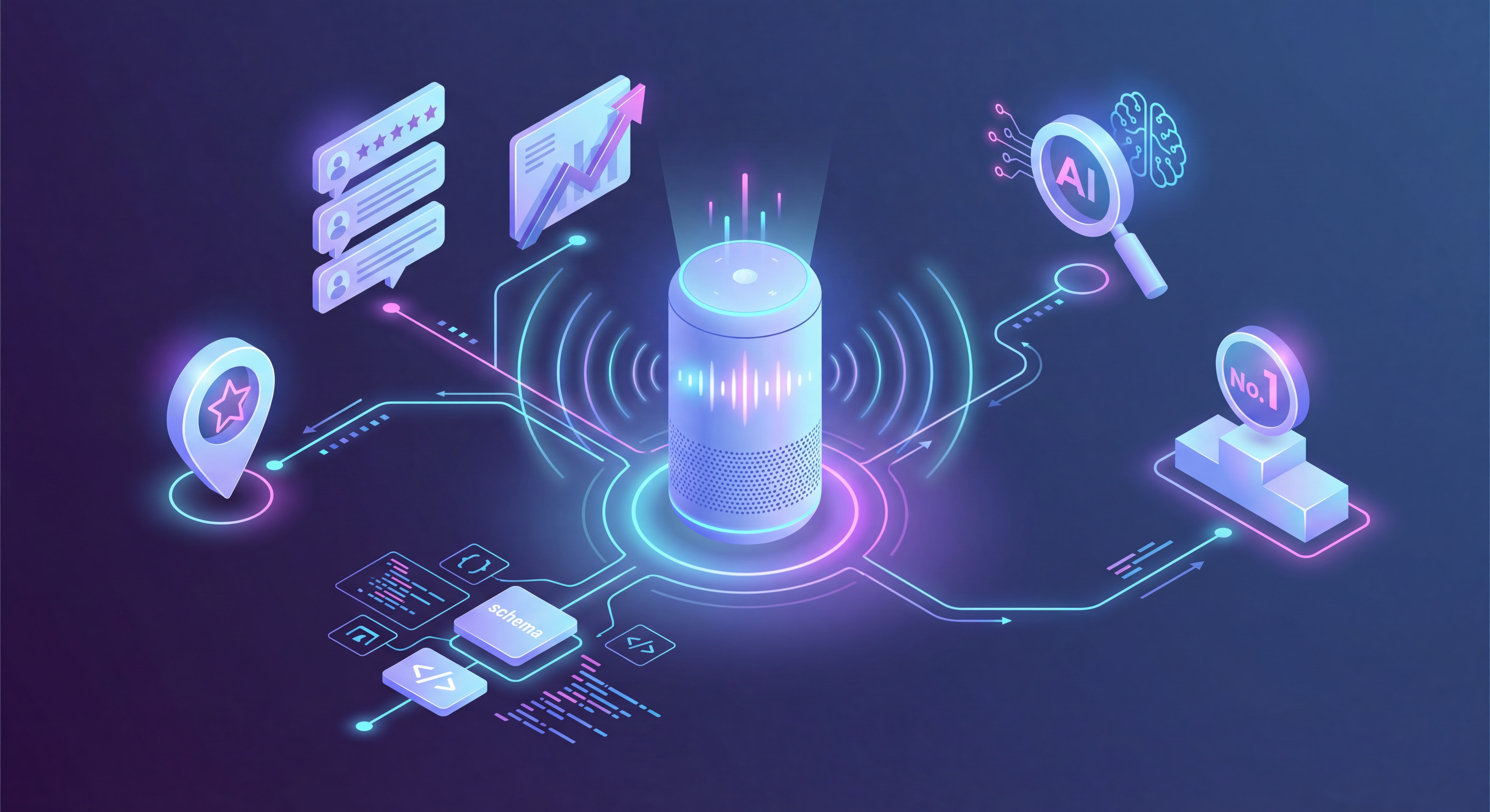 Advanced local SEO strategies visualized for improving Amazon Alexa voice search rankings, including AI optimization, structured data, and business listings