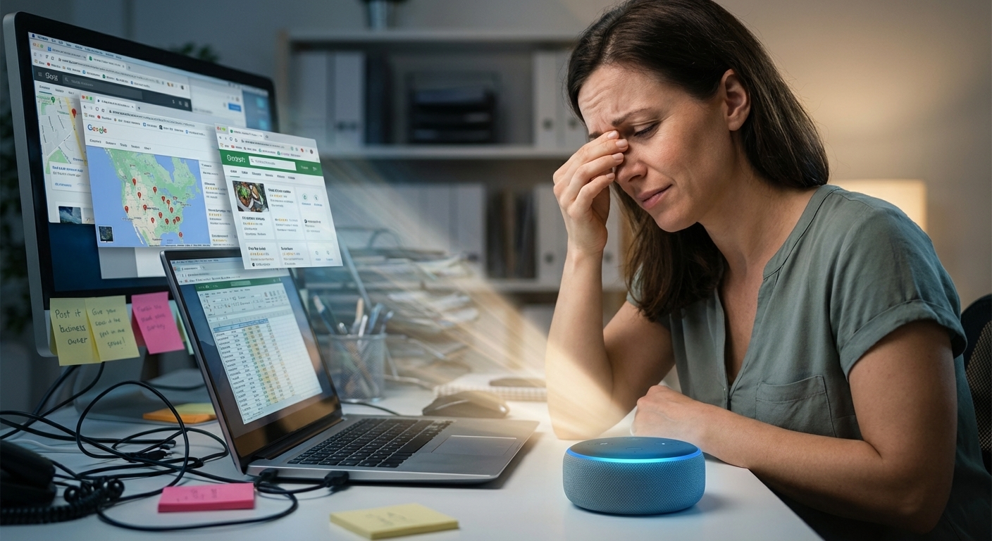 Business owner struggling with multiple business listings and local SEO dashboards before simplifying voice search optimization using Alexa Business Directory