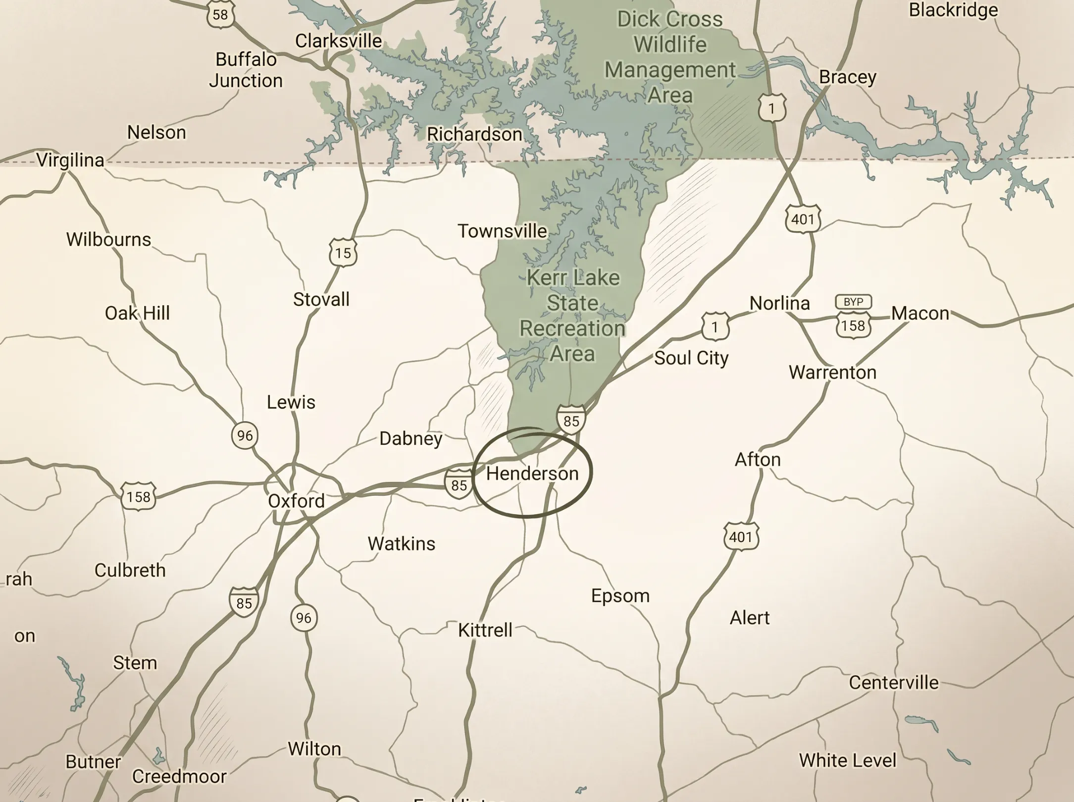 Map of Vance Co. Doula Services coverage area across Vance, Granville, Franklin, and Warren counties, NC