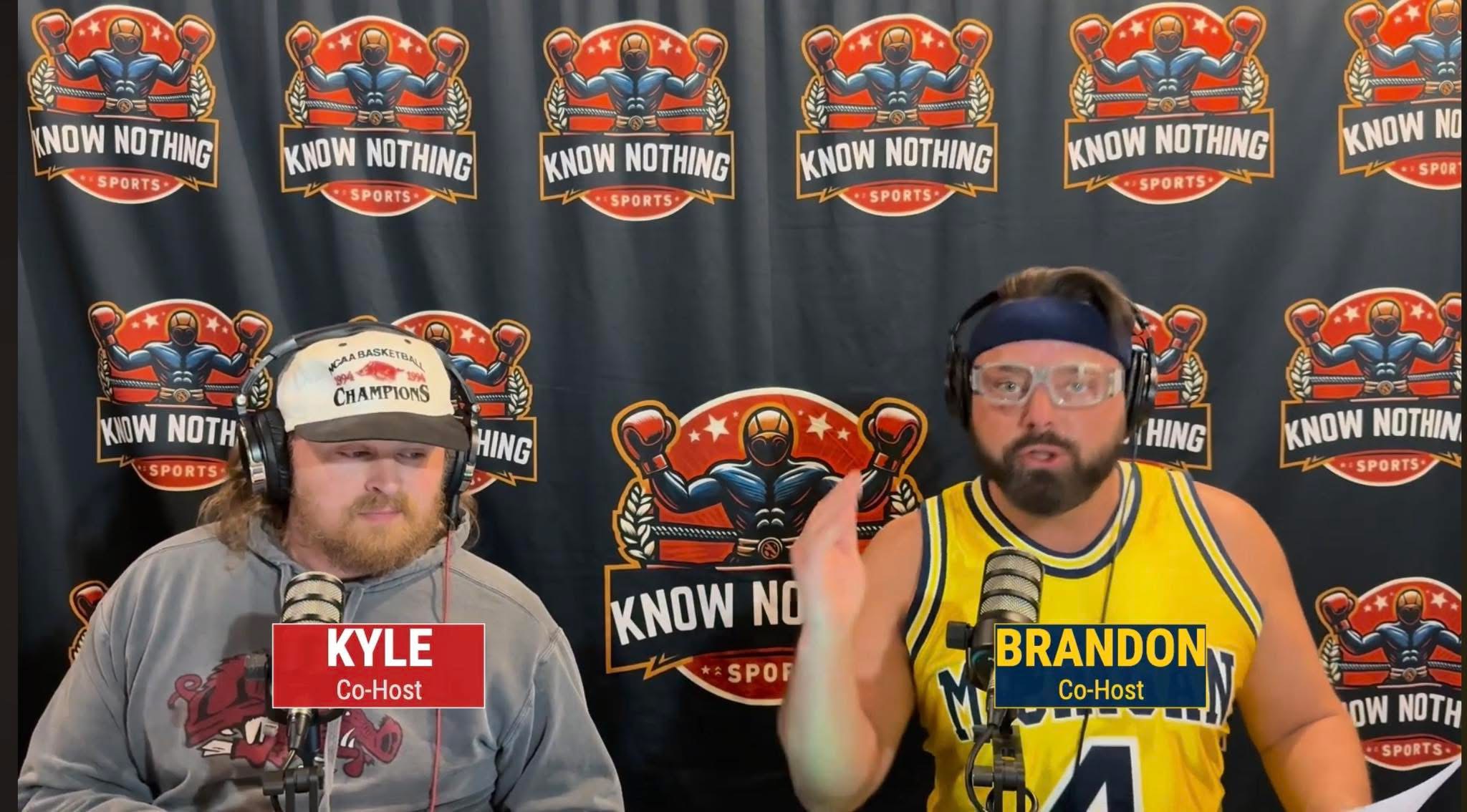 Kyle, left, and Brandon, right, recording Know Nothing Sports at their microphones