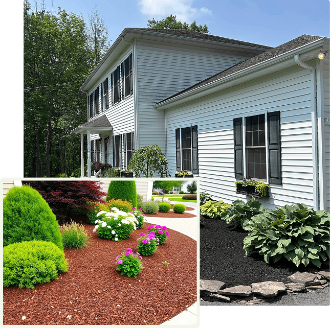 Professional landscaping services by SGJ Landscaping in Honesdale, PA, featuring a well-maintained home exterior with a neatly mulched garden bed, hostas, and blooming flowers.