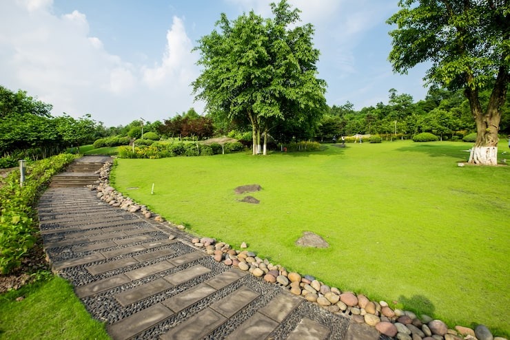 A winding stone and gravel pathway through a lush green park landscape, featuring manicured lawn and mature trees, provided by SGJ Landscaping in Honesdale, PA.