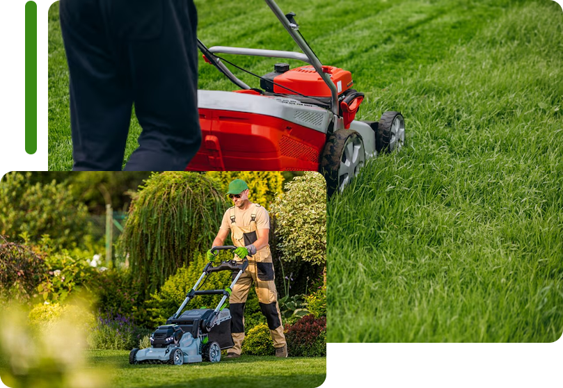 Collage showcasing professional lawn mowing and landscape maintenance services provided by SGJ Landscaping in Honesdale, PA.